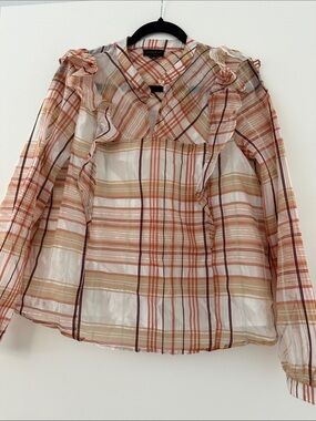 Current Air Sheer Plaid Ruffle Blouse - Beige Pink Rust
